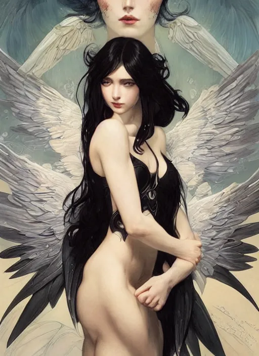 Prompt: a beautiful illustration of a blackhaired girl - archangel with black wings, black bra, intricate, sharp focus, illustration, highly detailed, digital painting, concept art, matte, art by wlop and artgerm and greg rutkowski and alphonse mucha, masterpiece