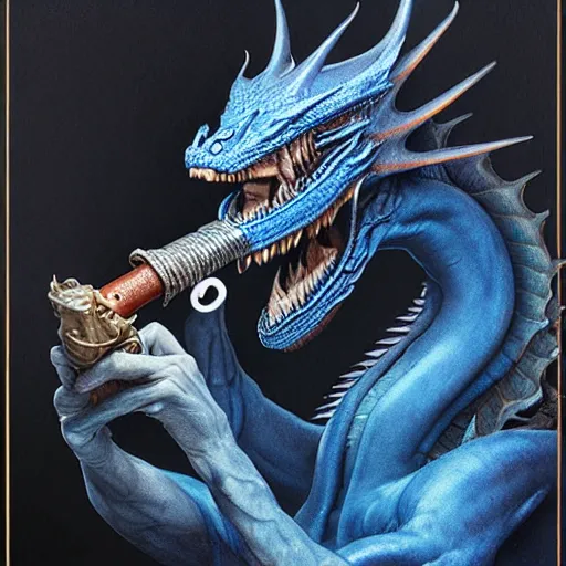 Prompt: A portrait of a blue dragon smoking a pipe, by HR Giger and Greg Rutkowski, highly detailed, portrait, sleek, 8k