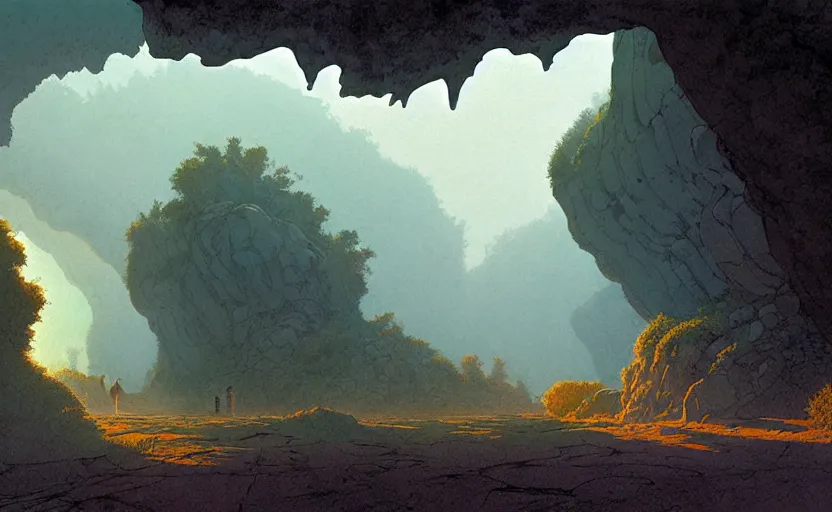 Image similar to natural cave, dynamic light, some old objects on the ground, mist low over ground, illustration by james gurney and josan gonzales, clean line