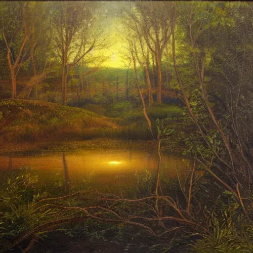 Image similar to will o'the wisp at twilight floating over a clearing in the forest next to a pond, highly detailed, oil painting