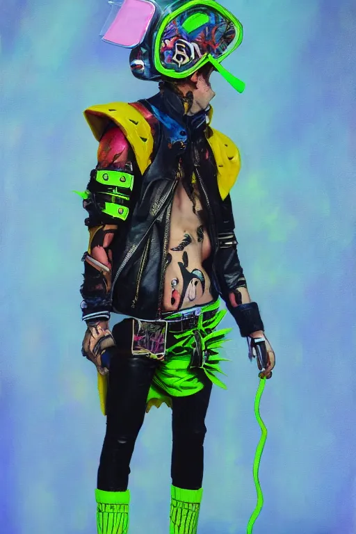 Image similar to a male character wearing a diy! costume, punk, with fluo colored details and a transparent helmet, full body, muted colors, vivienne westwood, nausicaa, hyper real acrylic painting