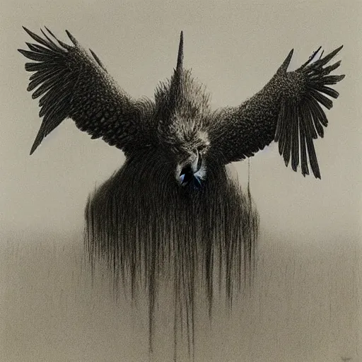 Image similar to the man with the beak of an eagle, the mane of a lion, the horns of a bull. drawn by zdzislaw beksinski