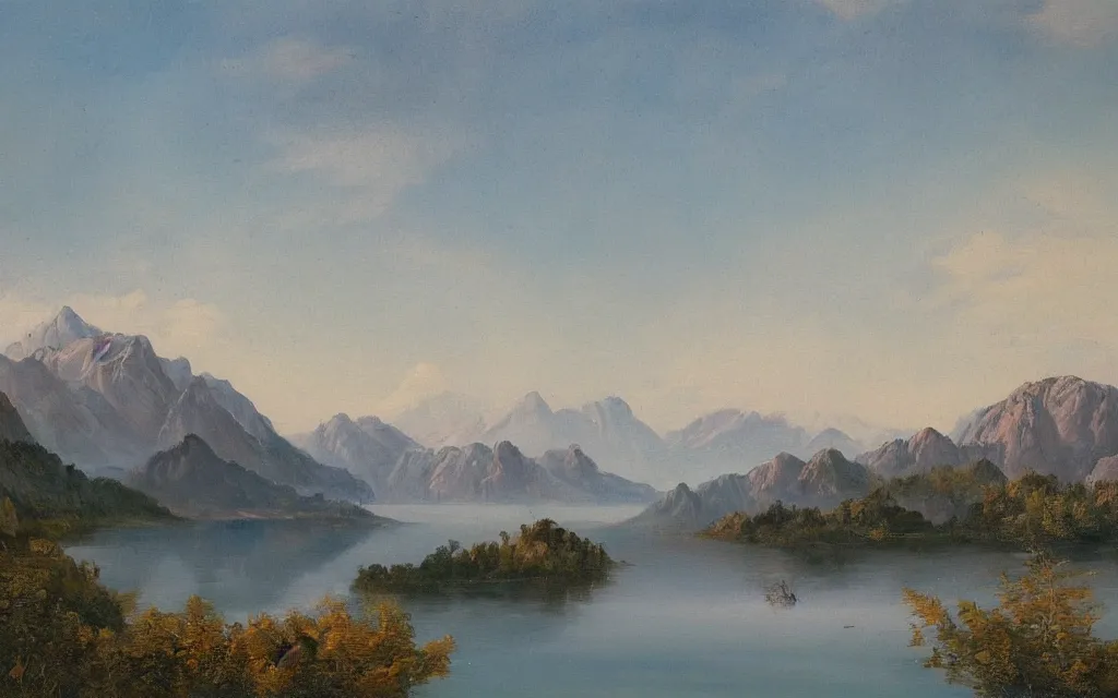 Prompt: a beautiful painting of a serene landscape with a lake in the foreground and jagged mountains in the background