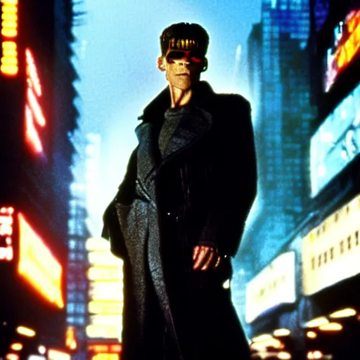 Image similar to william dafoe starring in a cyberpunk story in a distopic futuristic city in the style of bladerunner, movie still, highly detailed