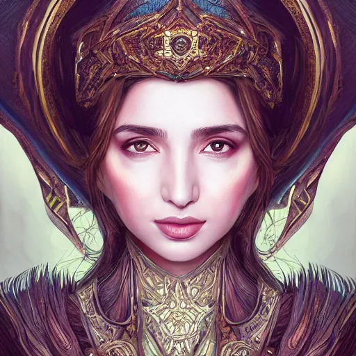 Prompt: head-on symmetrical centered painted portrait, Mahira Khan as a D&D wizard, silk medieval robes, fantasy, intricate, elegant, highly detailed, digital painting, smooth, sharp focus, illustration, artstation, in the style of Artgerm and Anna Podedworna and Alex Ross