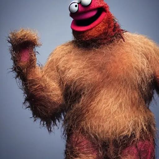 Image similar to a still of a forgotten muppet character looking very manly and modern, hilarious, laughing, hairy chest, huge chin, manly monster tough guy, roughled fur, photo real, photographic, photograph, artstation, trending, featured