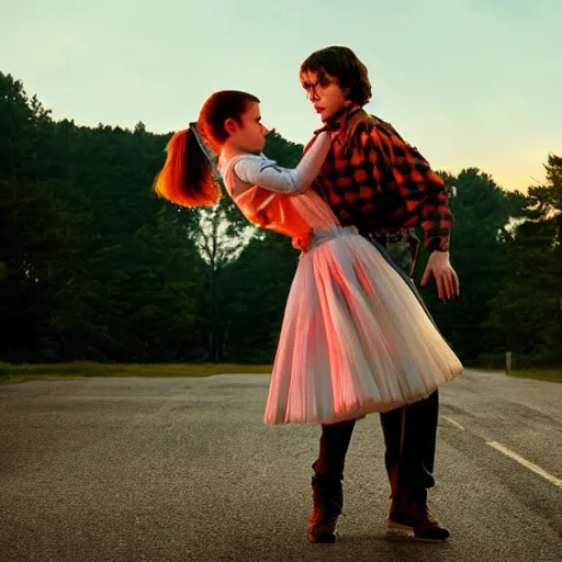 Prompt: Eddie Munson and Chrissy Cunningham from stranger things dancing on the clouds, photography, cinematic, cinematic lighting, ultra realistic, ultra detailed, hyper realistic, epic, photorealistic, beautiful