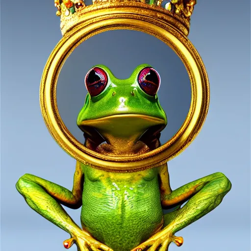 Image similar to a cute frog wearing a golden metal crown, by esao andrews, by m. w. kaluta, volumetric light, rich colors, very humorous oil painting, realistic reflections, smooth, concept art, depth perception, high depth of field, 4 k, unreal engine 5, ultradetailed, hyperrealistic, artstation