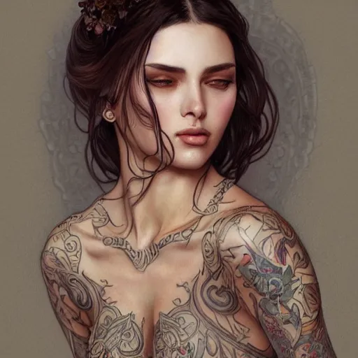 Image similar to ultra realistic illustration, a hot brunette tattooed slavic woman in her late 2 0's, intricate, elegant, highly detailed, digital painting, artstation, concept art, smooth, sharp focus, illustration, art by artgerm and greg rutkowski and alphonse mucha