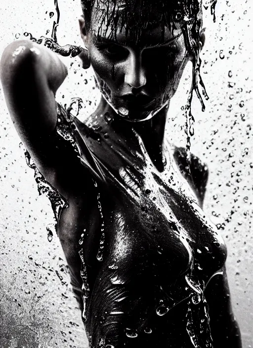 Prompt: fierce wet fashion model, in the style of irakli nadar, liquid metal top, effervescent, warm, dark, brooding, poster art, high detail, hyperrealistic watercolor, deep mood, hyperrealism, 3 d, epic and cinematic, roger deakins on cinematography