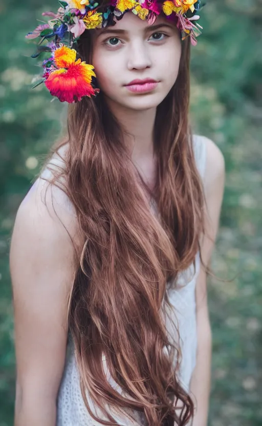 Image similar to portrait of a beautiful young girl with flowers in her hair, beautiful composition, modern color palette, 50mm f1.8, ambient light,