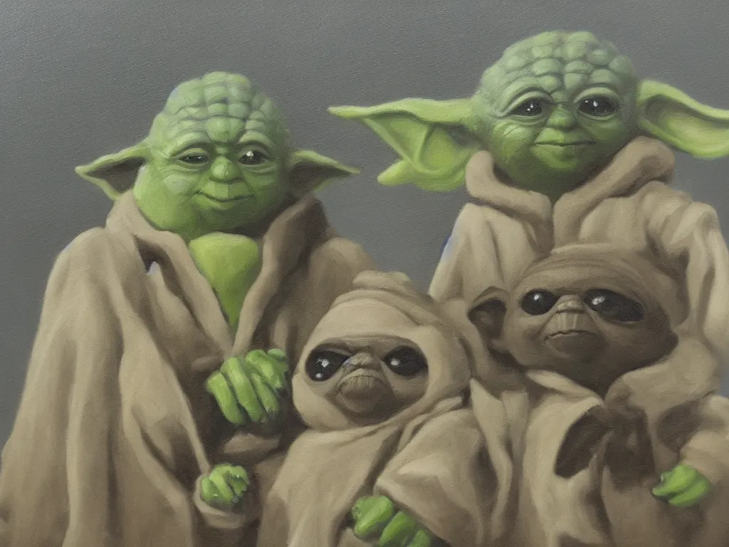 Prompt: old oil painting of yoda and cheburashka holding hands, trending on artstation