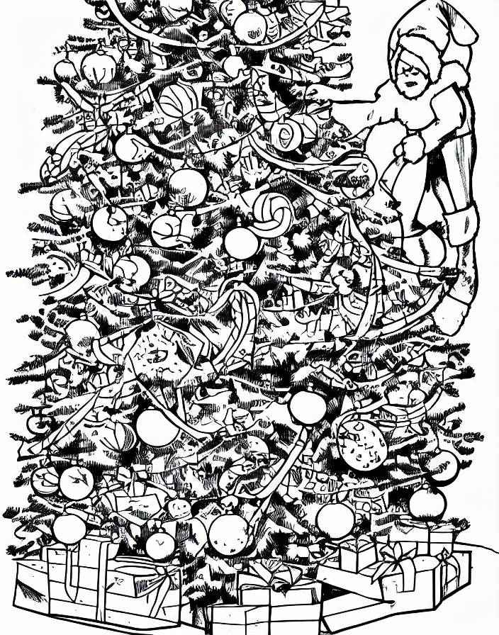 Image similar to comic book line art of a christmas tree