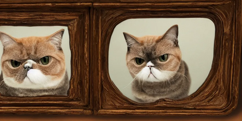 Prompt: an exotic shorthair cat in an infinity room in the style of twin peaks. Mirror, 8k, 1850s, photorealistic