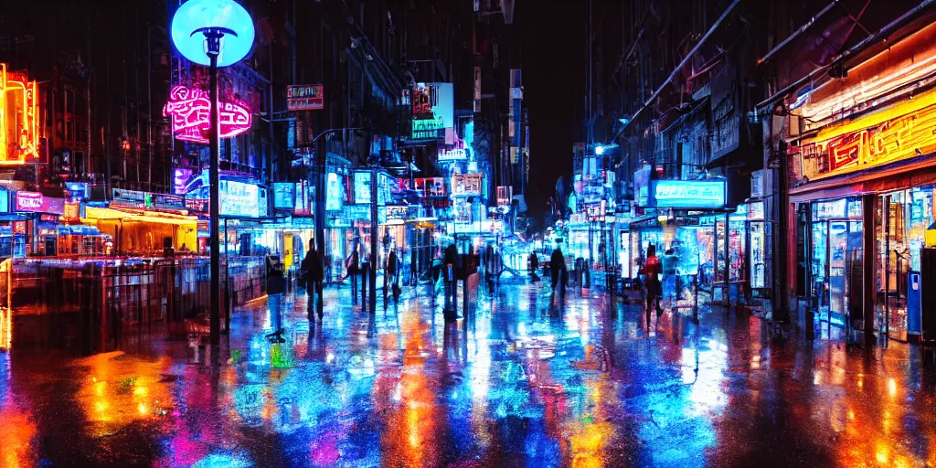 Prompt: A rainy street lit up by neon signs in the city