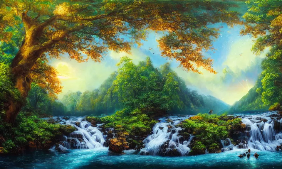 Prompt: the most beautiful panoramic landscape, oil painting, where a giant dreamy waterfall creates a river, the trees around are starting to bloom, shooting star, cinematic lighting, highly detailed, very realistic