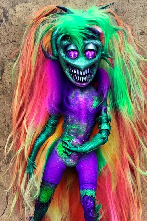 Prompt: a brutal terrifying and mysterious weird toy monster of chaos warped in horror with long rainbow - colored hair, her skin has gaps, spikes, and complex alien textures, terrifying and mysterious