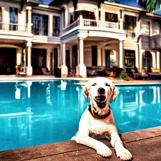 Image similar to a very detailed photo of a dog smoking a cigar outside the mansion by the pool