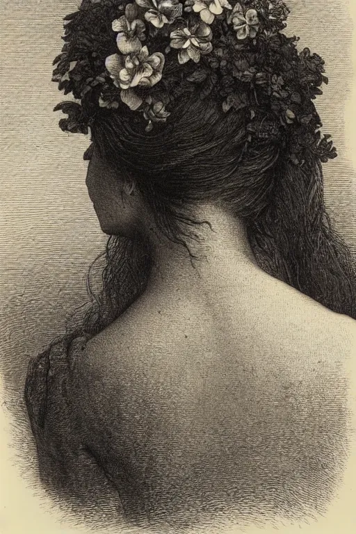 Image similar to extreme close-up portrait of a beautiful french woman from behind with flower in the head, forest background, Gustave Dore lithography