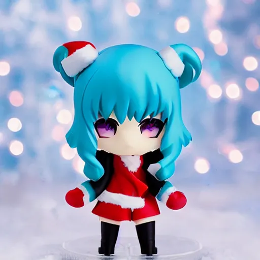 Image similar to snow miku nendroid pvc, christmas lights and snow in the background