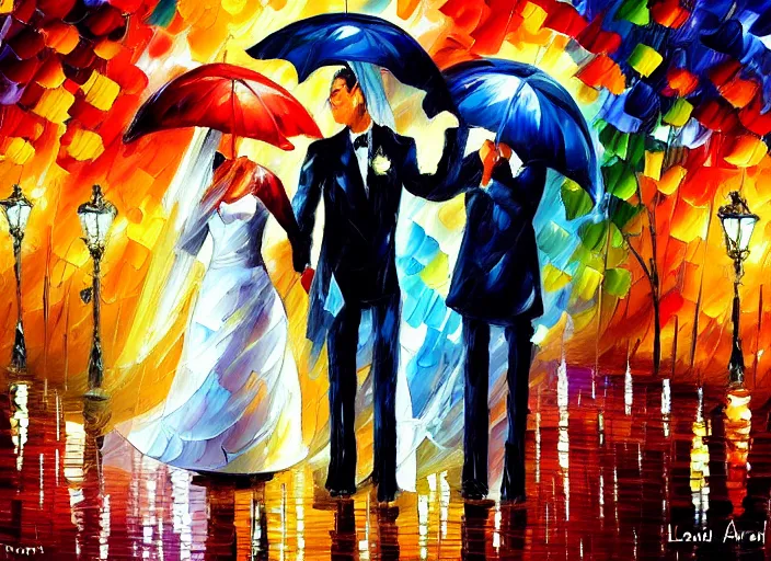 Image similar to A romantic wedding couple with umbrella, groom , bride, painting by Leonid Afremov