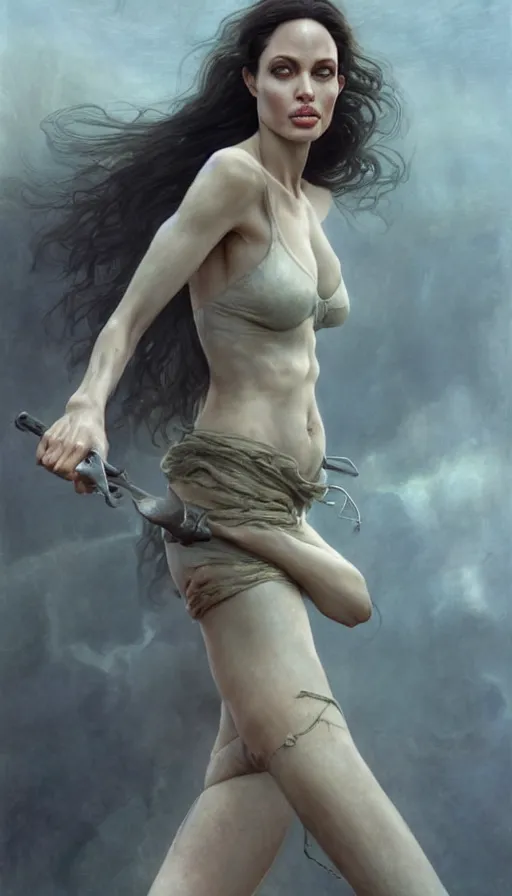 Image similar to epic masterpiece angelina jolie, sweaty skin, hyperrealistic, octane render, cinematic, beautiful face and flawless skin, perfect hands, 5 fingers, by Edgar Maxence and Ross Tran and Michael Whelan, Legends of Runeterra