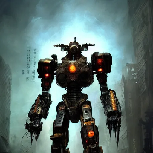 Prompt: pacific rim robots standing in a battlefield, steam punk, 70's sci-fi, extremely detailed digital painting, in the style of Fenghua Zhong and Ruan Jia and Jermy lipking and peter mohrbacher, mystic colors, highly detailed, deep aesthetic, 8k, highly ornate intricate details, cinematic lighting, rich colors, digital artwork, ray tracing, hyperrealistic, photorealistic, cinematic landscape, trending on artstation,