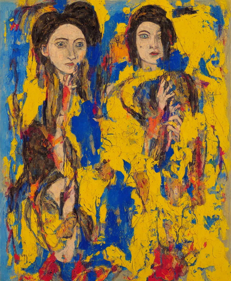 Prompt: portrait of a priestess with flowers in her hair and a candle in her hand, yellow and blue ribbons, expressive abstractionism, many small saturated hard relief strokes of oil on canvas with high detail