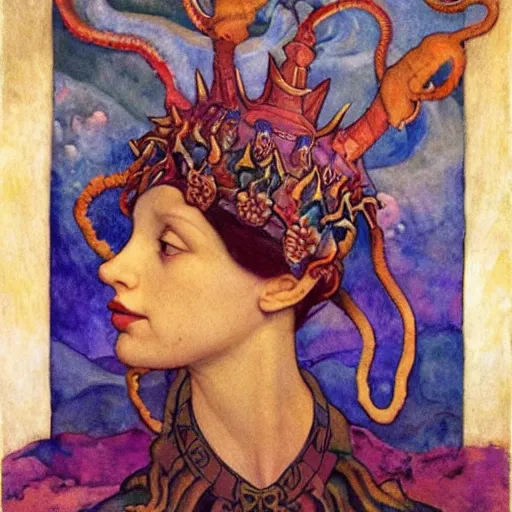 Prompt: the tentacle crown, by Annie Swynnerton and Nicholas Roerich! and (((Diego Rivera))) and (((Edmund Dulac))), bioluminescent skin, tattoos, elaborate costume, geometric ornament, symbolist, rich colors, dramatic lighting, smooth, sharp focus, extremely detailed