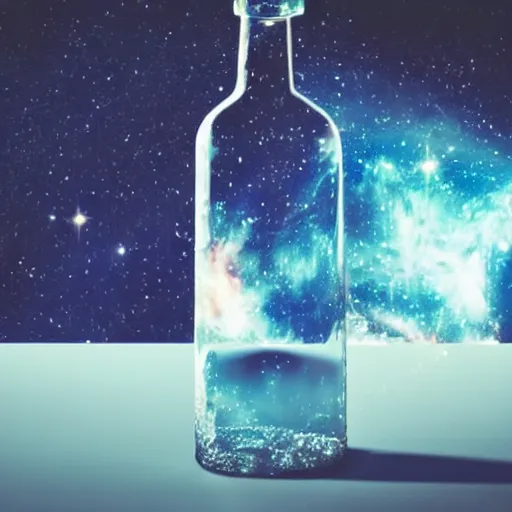 Prompt: a bottle is sitting on the table, it has a galaxy inside