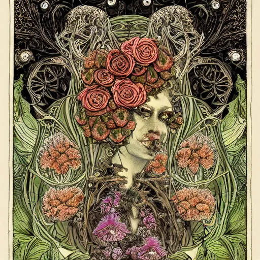 Prompt: a beautiful detailed front view portrait of a rotten woman corpse with fractal plants and fractal flowers and mushrooms growing around, symmetrical, ornate, ornamentation, illustration, in the style of art nouveau