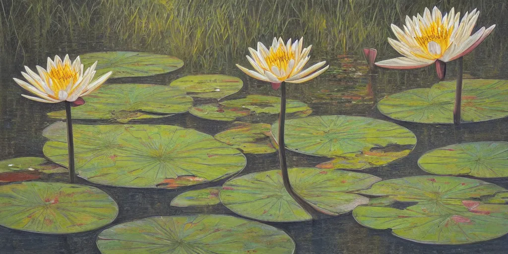 Prompt: a beautiful painting of waterlily pond by aaron horkey, trending on artstation