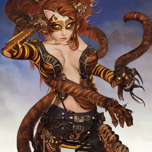 Image similar to portrait of young cool slim tigress tiger beast-girl catgirl tabaxi wearing leather armor by Yoshitaka Amano and artgerm and greg rutkowski and alphonse mucha and andrei riabovitchev and Rossdraws and Bluesssatan and Mandy Jurgens and Stjepan Sejic