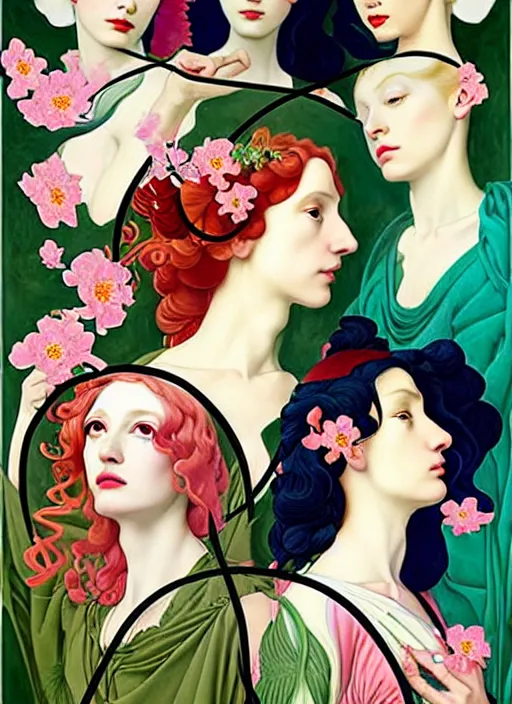 Image similar to 3 Spring Muses symbolically representing March, April, and May, in a style blending Æon Flux, Peter Chung, Shepard Fairey, Botticelli, Ivan Bolivian, and John Singer Sargent, inspired by pre-raphaelite paintings, shoujo manga, and cool Japanese street fashion, dramatically blossoming flora and fauna, petals falling everywhere, pastel vivid triad colors, hyper detailed, super fine inking lines, ethereal and otherworldly, 4K extremely photorealistic, Arnold render