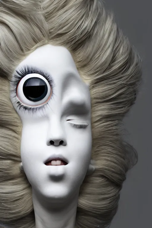 Image similar to 3 d full head and shoulders beautiful white porcelain woman with white big eyeballs all through her hair, realistic hair, 3 d swirling hair by theodor seuss geisel and daniel arsham and kim jung gi, on a white background