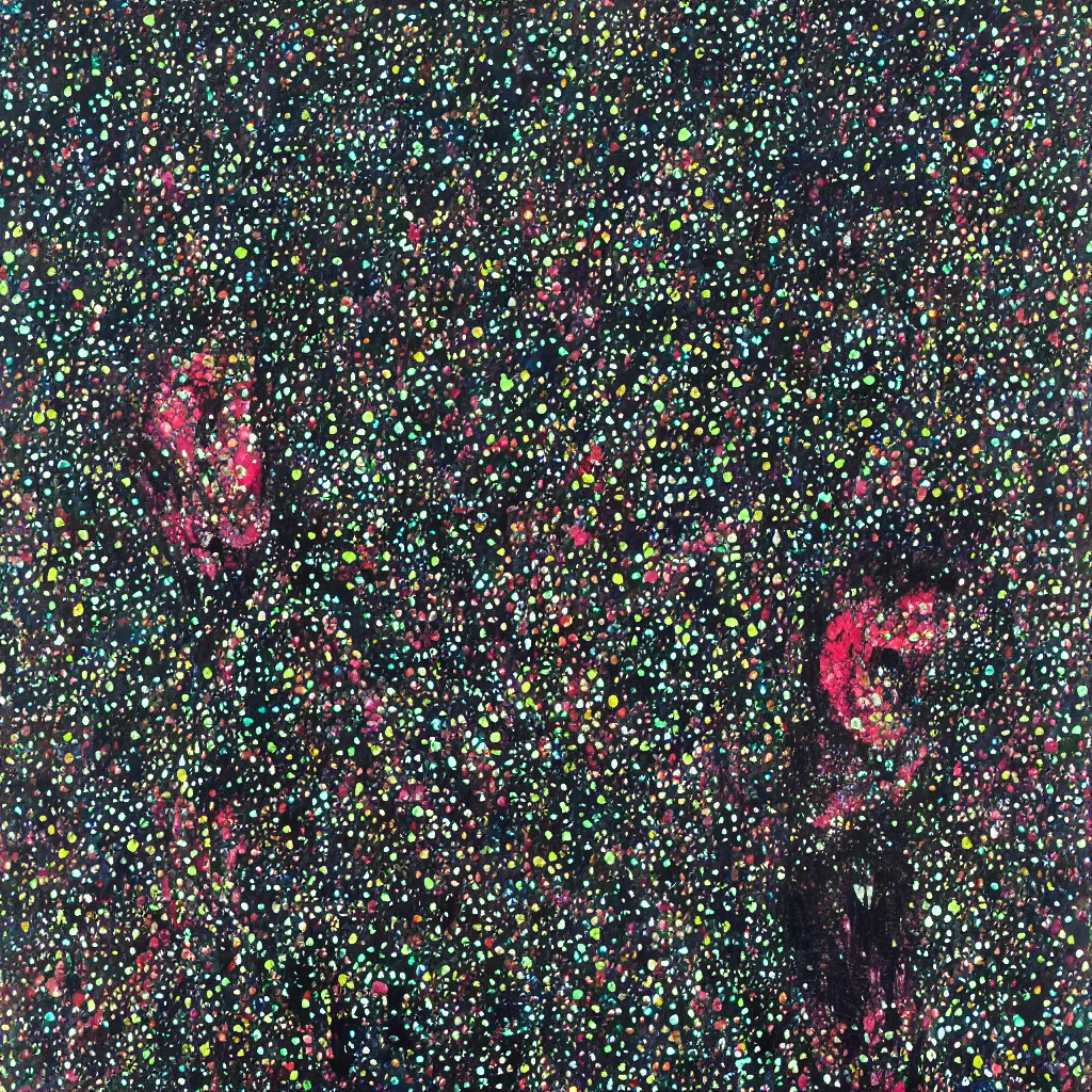 Image similar to camo made of teeth, smiling, abstract, francis bacon artwork, cryptic, dots, spots, stipple, lines, splotch, color tearing, pitch bending, faceless people, dark, ominous, eerie, hearts, minimal, points, technical, old painting, neon colors, folds