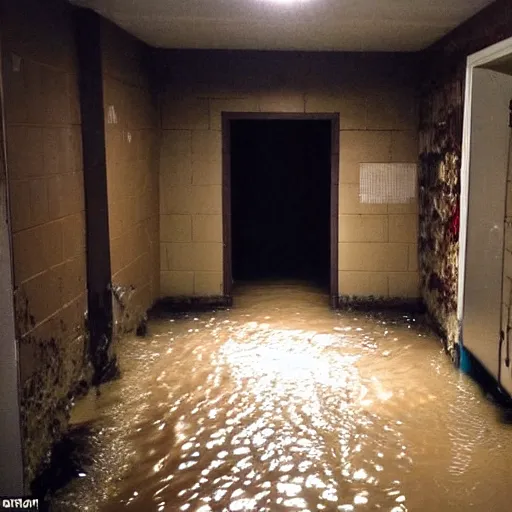 KREA - a flooded creepy empty basement hallway, craigslist photo