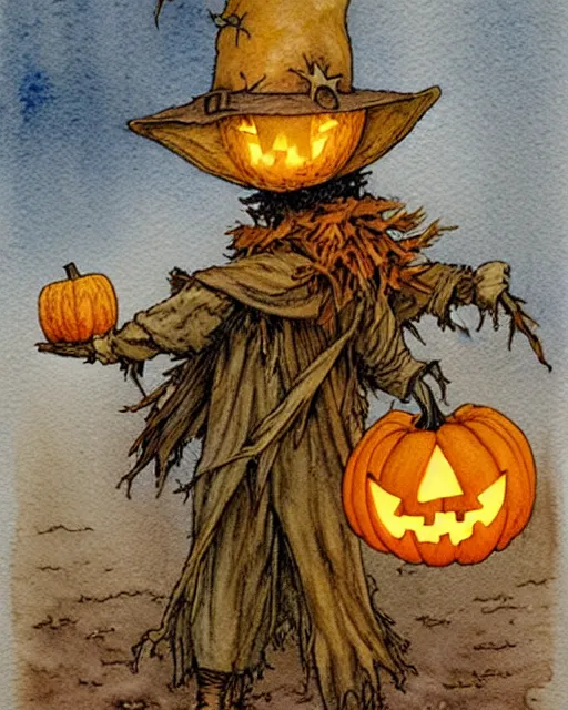 Image similar to a simple and atmospheric watercolour portrait of a scarecrow with a jack - o - lantern head holding a lantern on halloween, very muted colors, by rebecca guay, michael kaluta, charles vess and jean moebius giraud