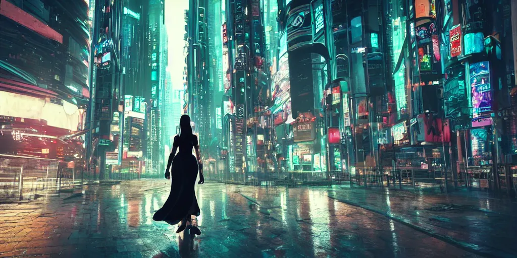 Prompt: a very beautiful photo of a cyberpunk girl walking in the city, cinematic