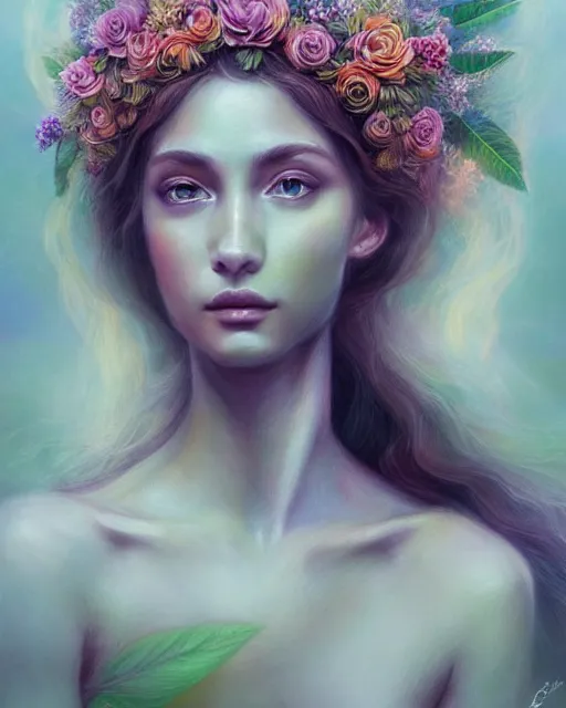 Image similar to portrait of a beautiful goddess of nature, graceful beauty, esoteric, nature and floral aesthetics, other worldly colors, head in focus, intricate, elegant, highly detailed, artstation, artistic, concept art, painterly, sharp focus, art style by emilia elfe