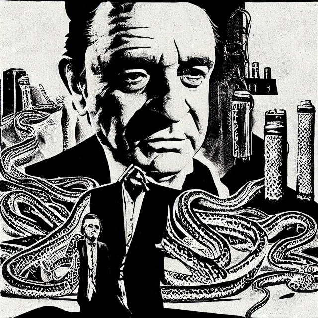 Prompt: album cover for Johnny Cash: The Snake Oil Tapes, album art by David A. Hardy, snake oil album, snakes