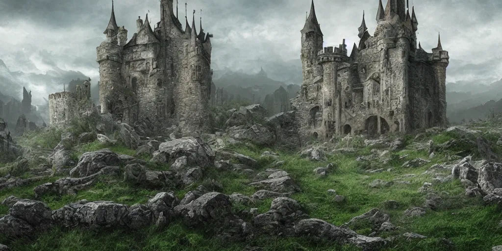 Prompt: matte painting, castle, dramatic landscape, overgrown