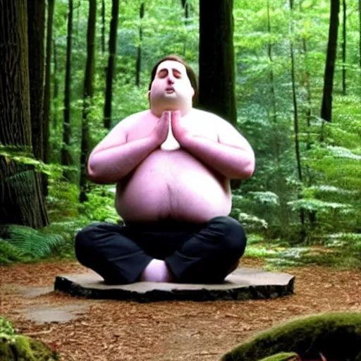 Image similar to chubby Michael Scott meditate in the Forest