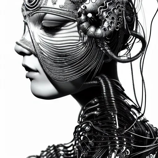 Prompt: portrait of an absurdly beautiful, graceful, sophisticated, fashionable cyberpunk mechanoid gravure idol, ultrafine hyperdetailed illustration by irakli nadar, matt wisniewski style, intricate linework, porcelain skin, neon jellyfish headdress, iridescent siamese fighting fish necklace, unreal engine 5 highly rendered, global illumination, radiant light, detailed and intricate environment