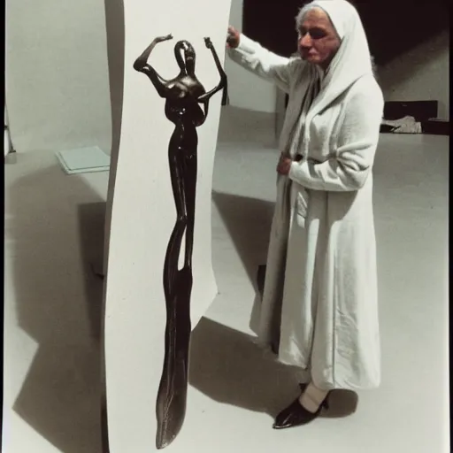 Image similar to jamel shabazz polaroid of a woman inspecting a sculpture by leonora carrington