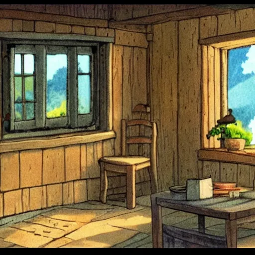 Image similar to studio Ghibli, the interior of a small cottage, warm lighting
