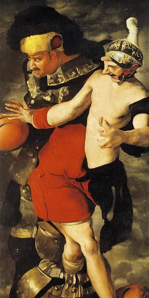 Prompt: Diego Velázquez painting of roman emperor nero dressed as popeye the sailor man playing basketball