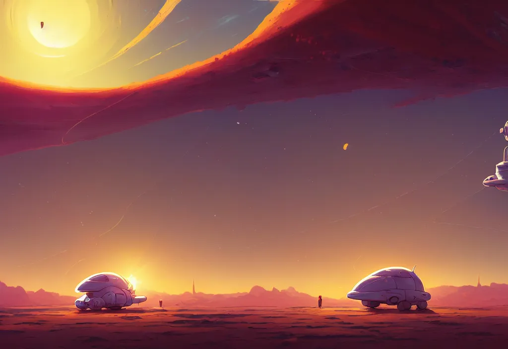 Prompt: a small and chubby spaceship in a desert at dawn with electric cables on the ground, intricate oil painting, high detail illustration, sharp high detail, manga and anime 1 9 9 9, official fanart behance hd artstation by jesper ejsing and makoto shinkai, 4 k,