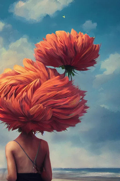 Prompt: portrait, giant flower head, a girl on beach, surreal photography, wind and cold, dramatic sky, impressionist painting, digital painting, artstation, simon stalenhag