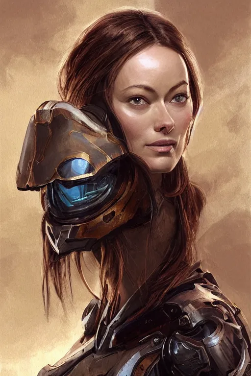 Image similar to a professional painting of a young Olivia Wilde, clothes in military armor, olive skin, long dark hair, beautiful bone structure, symmetrical facial features, intricate, elegant, digital painting, concept art, smooth, sharp focus, illustration, from StarCraft by Ruan Jia and Mandy Jurgens and Artgerm and William-Adolphe Bouguerea